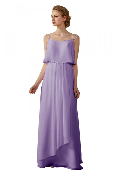 Boho Spaghetti Straps Chiffon V-Back Bridesmaid Dress with Flounce