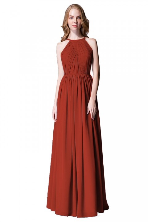 Pleated A-Line Halter Spaghetti-Straps Back Chiffon Bridesmaid Dress