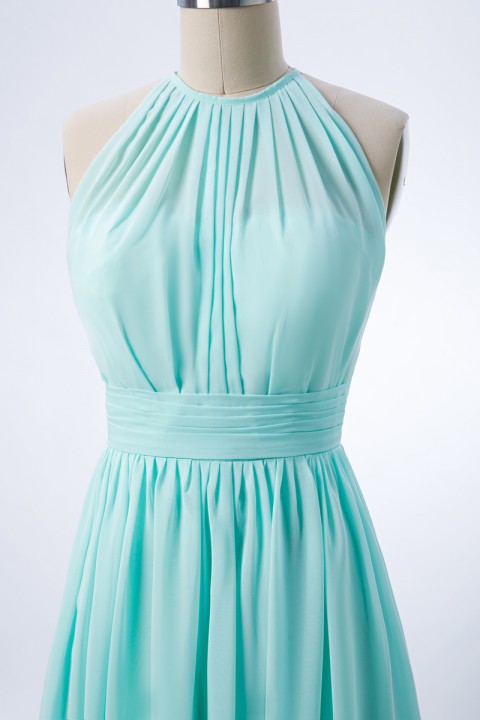 Spaghetti Straps Illusion Halter Bridesmaid Dress with Sash