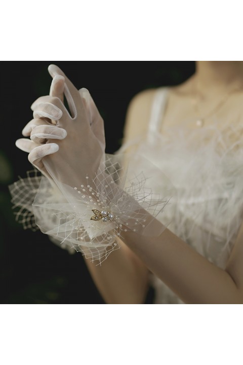 White Pearl Lace Flower Shape Decor Thin Tulle Wedding Bridal Gloves