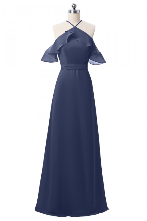 Halter Neckline with Flouncing Off Shoulder Keyhole Back Bridesmaid Dress with Belt