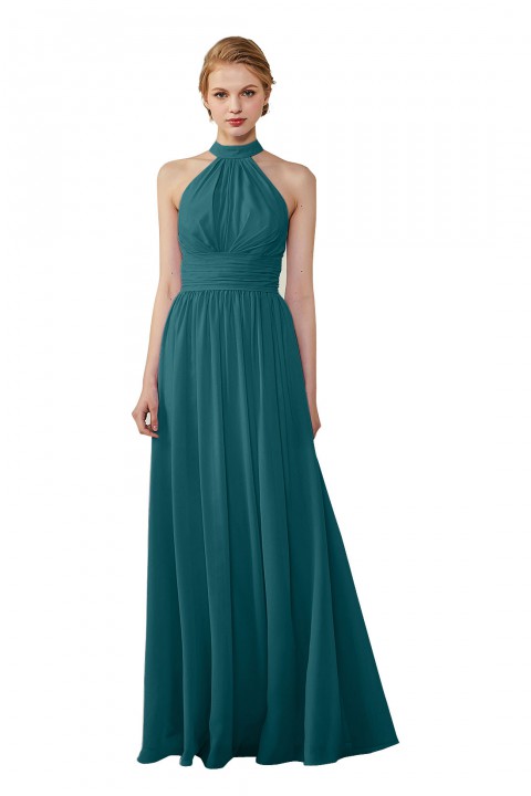 High Neck Chiffon Lace Triangle Back Halter Bridesmaid Dress