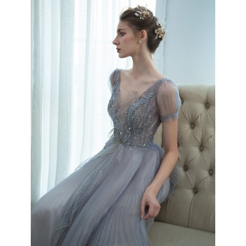 Grey Deep V-neck Puff Sleeves Beaded & Sequin Decor Pleated Tulle Party Dress