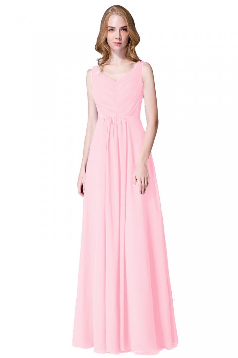 Elegant V-Back Chiffon Tank Bridesmaid Dress with Mesh Lace Inset