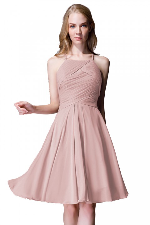 Elegant Halter Tea Length Pleated Chiffon Bridesmaid Dress with Tie Back