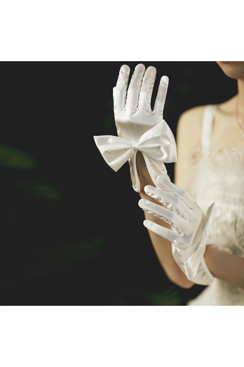 White Big Bow Decor Bright Satin Wedding Bridal Gloves