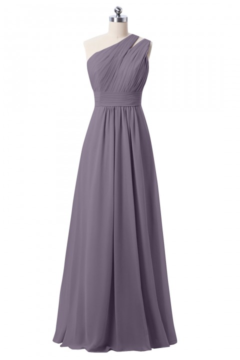 One Shoulder with Double-Straps Detail Pleated Bodice Floor Length Chiffon Bridesmaid Dress