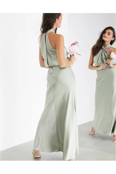 Mist Halter Neck Ruched Bodice Satin Bridesmaid Dress