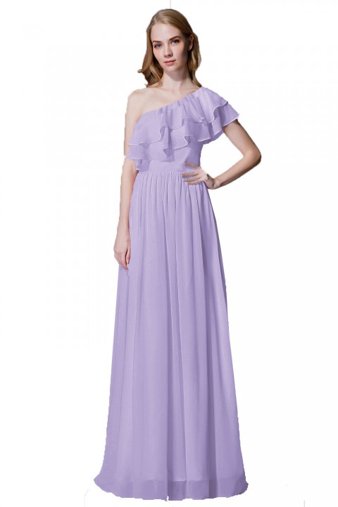 Asymmetrical One-Shoulder Flounce Chiffon Bridesmaid Dress Long