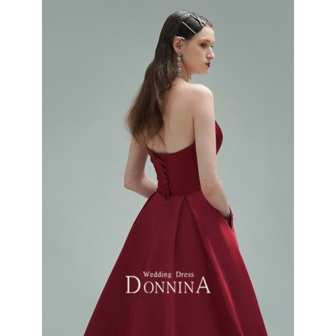 Burgundy Off Shoulder Sweetheart Neck Beaded Flower Decor Vintage Satin Party Dress