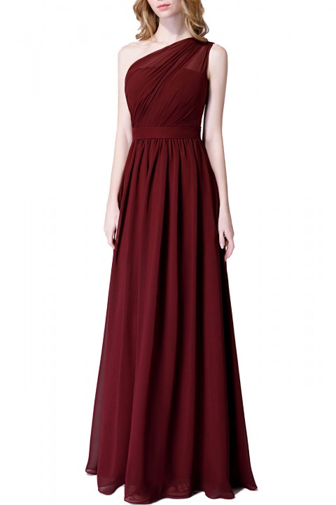 Illusion One-Shoulder Chiffon Pleated Bridesmaid Dress Long