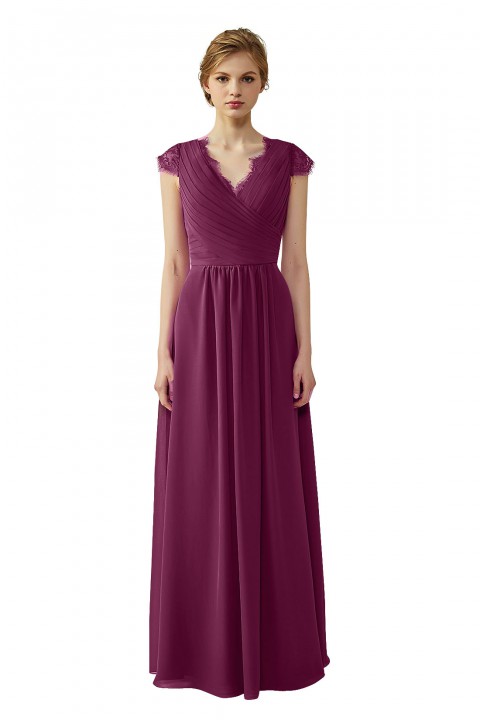 Lace Cap Sleeves  V-Neck Lace Back Closure with Keyhole Bridesmaid Dress