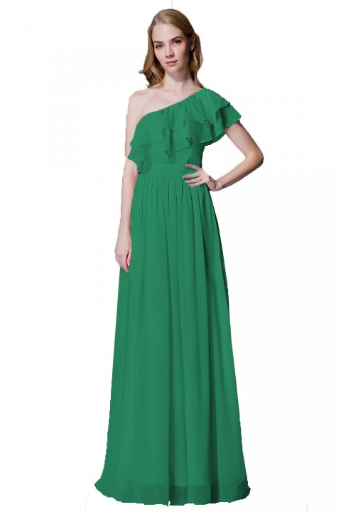 Asymmetrical One-Shoulder Flounce Chiffon Bridesmaid Dress Long