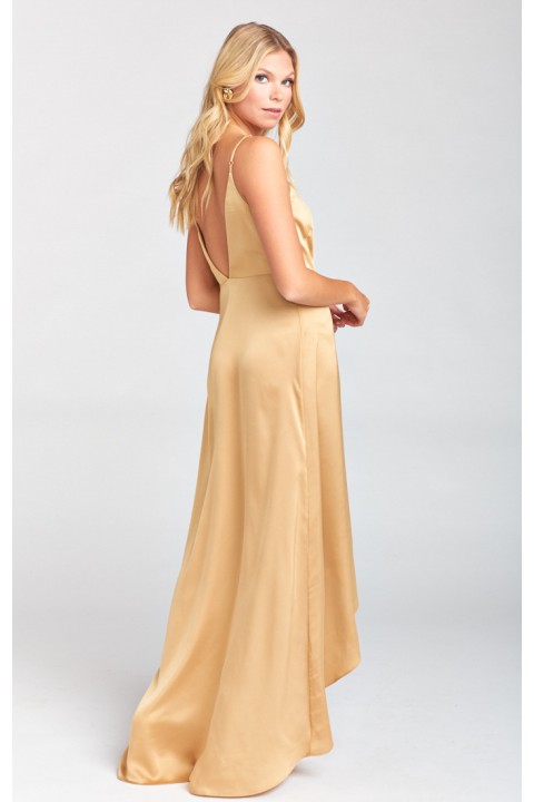 Spaghetti Straps V Neck and Back Wrap Luxe Satin Bridesmaid Dress with Slit