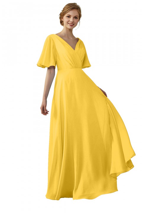 Casual V-Neck Flutter Sleeves Chiffon Ruched Bridesmaid Dress with Keyhole Back