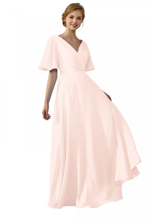 Casual V-Neck Flutter Sleeves Chiffon Ruched Bridesmaid Dress with Keyhole Back