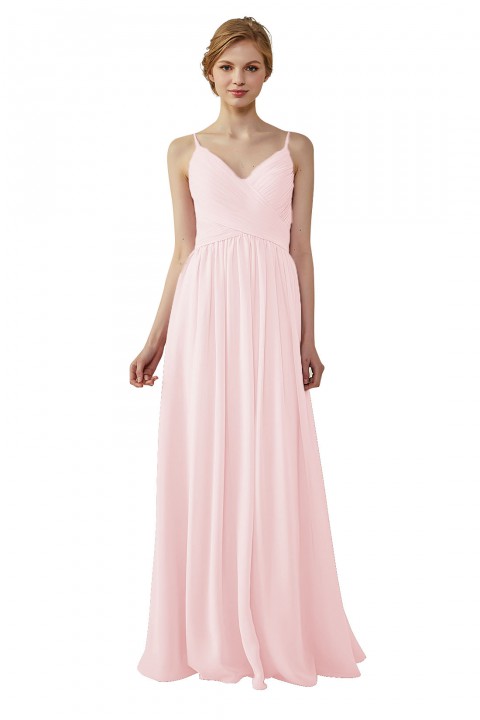 Spaghetti Straps Pleated Low V Back Bridesmaid Dress