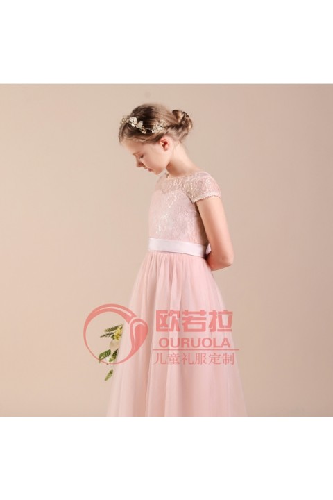 Pink Round Neck Bow Decor Tulle Skirt Junior Bridesmaid Dresses