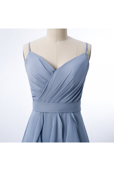 Spaghetti Strap V Neck Ruched Bodice Chiffon Mermaid Bridesmaid Dress with Ruffles Decorated Skirt