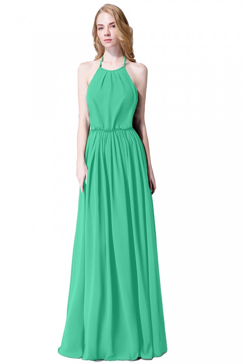 Halter Spaghetti Strap Open Back Chiffon Bridesmaid Dress with Sash