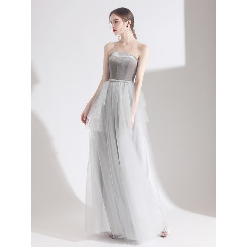 Grey Off Shoulder Beaded Belt Design Velvet Party Dress