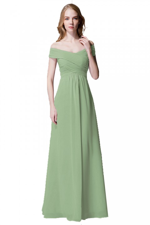 Crisscross Off-the-Shoulder Pleated V-back Bridesmaid Dress Long