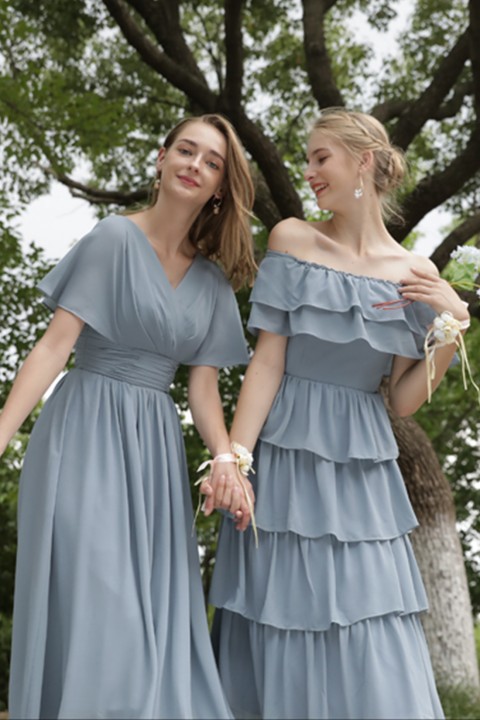 Off The Shoulder Layered Ruffles Chiffon Bridesmaid Dress with Corsage Back