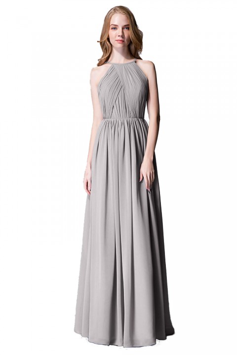 Pleated A-Line Halter Spaghetti-Straps Back Chiffon Bridesmaid Dress