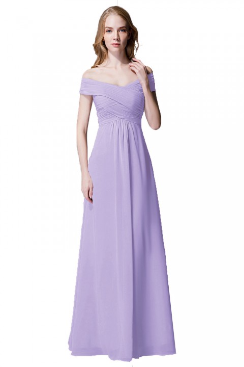 Crisscross Off-the-Shoulder Pleated V-back Bridesmaid Dress Long