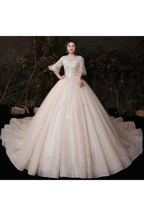 Plus Size 2021 Round Neck Puff Sleeves Beaded Embroidered Flower Tulle Wedding Dress With Long Train