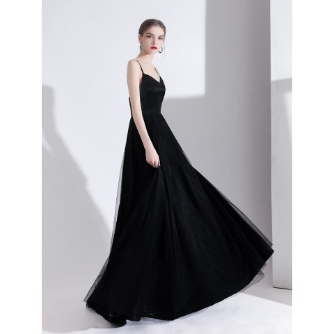 Black V-Neck Spaghetti Straps Satin&Tulle Skirt Party Dress