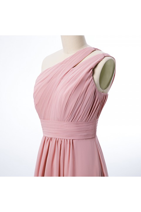 One Shoulder with Double-Straps Detail Pleated Bodice Floor Length Chiffon Bridesmaid Dress