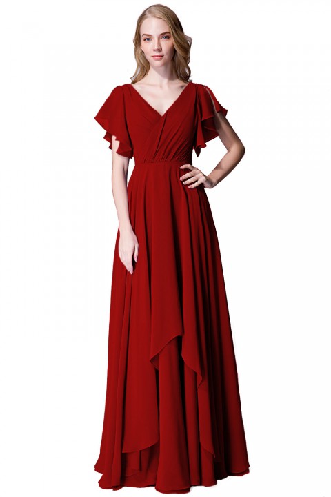 Flutter Sleeve Chiffon Ruched V Back Bridesmaid Dress Long