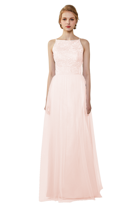 Tulle Lace Illusion Boatneck and Back Bridesmaid Dress with Keyhole 