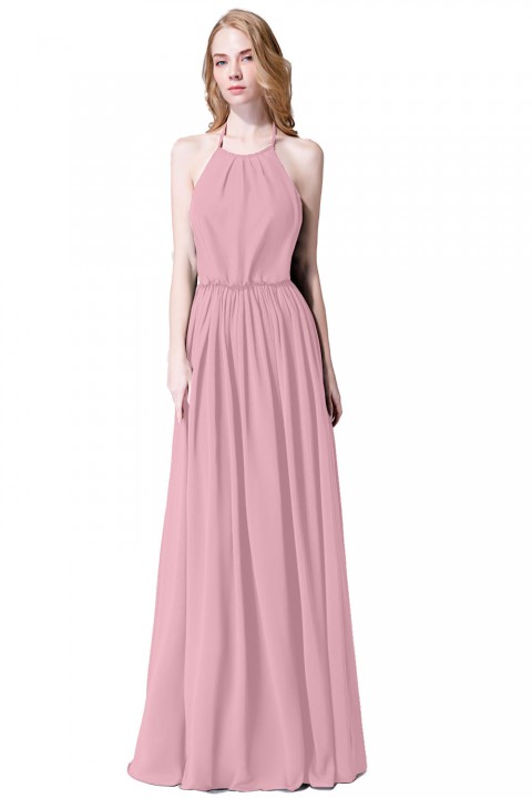 Halter Spaghetti Strap Open Back Chiffon Bridesmaid Dress with Sash