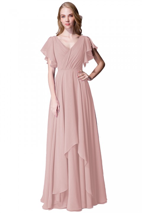 Flutter Sleeve Chiffon Ruched V Back Bridesmaid Dress Long