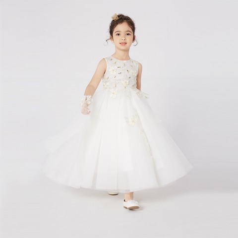 White Mandarin Sleeve Applique Embroidered Lace Skirt Girls Pageant Dresses