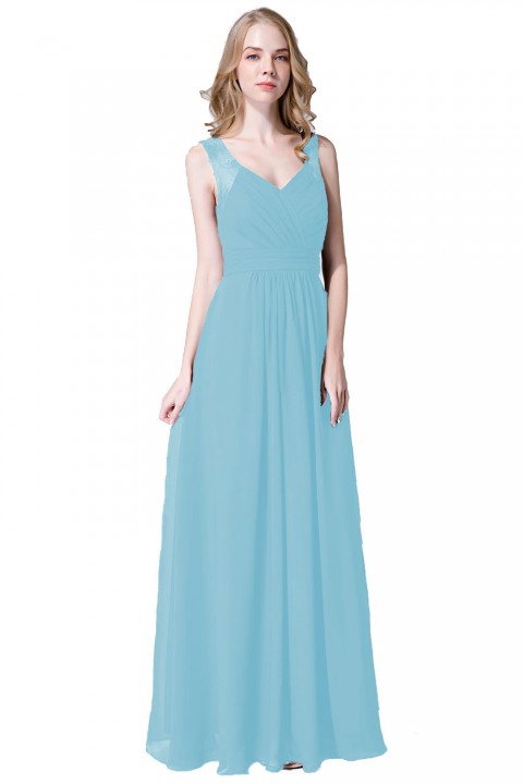 V Neck Illusion Lace Straps Keyhole Back Chiffon Ruched Bridesmaid Dress