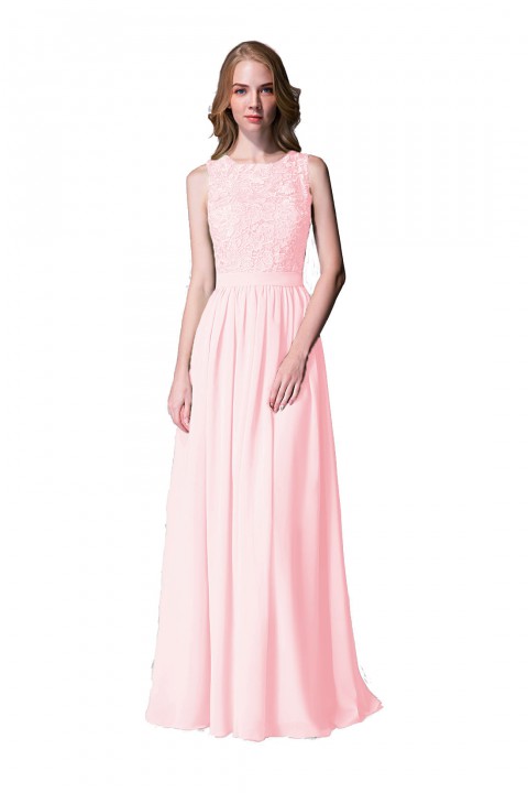 Lace Upper Bodice Illusion Scoop Neck Chiffon Bridesmaid Dress Sleeveless