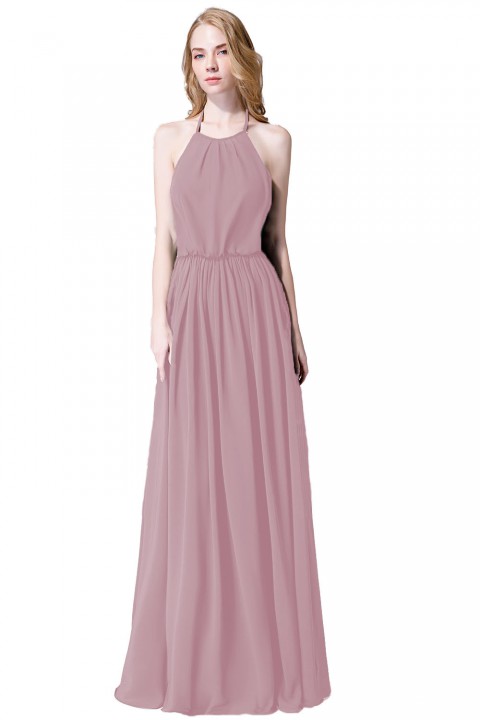 Halter Spaghetti Strap Open Back Chiffon Bridesmaid Dress with Sash