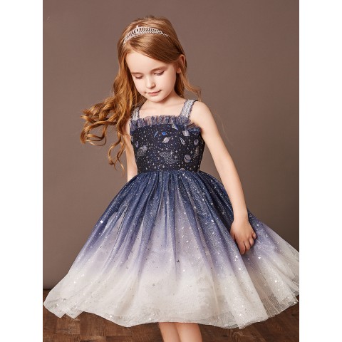 Royal Blue Shiny Sequins Princess Lace Skirt Girls Pageant Dresses