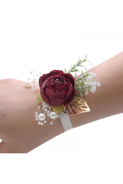 Artificial Flower Leaf Pearl Wrist Corsage