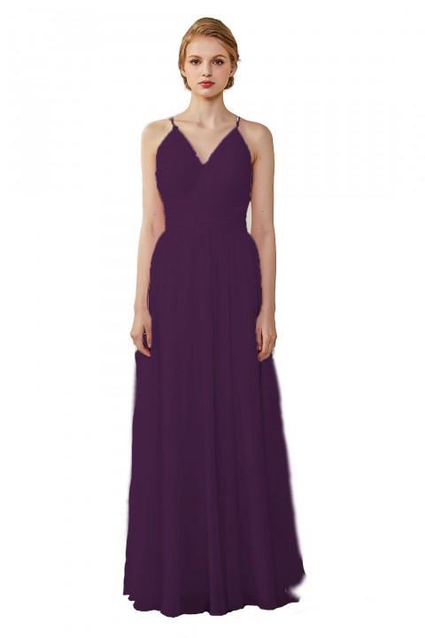 Spaghetti Straps V-Neck Bridesmaid Dress Open Back with Triangle Lace Detail