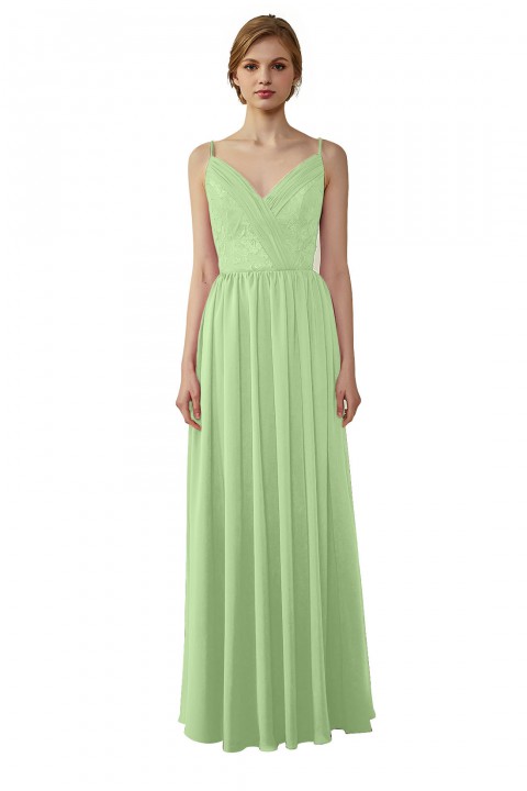 Double Spaghetti Straps Draped Lace Open-back Chiffon Bridesmaid Dress