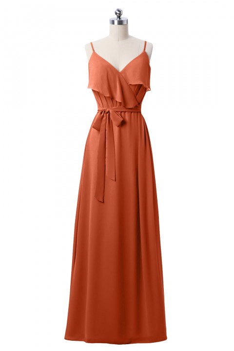 Spaghetti Straps Scoop Back Ruffled Chiffon Bridesmaid Dress with Sash