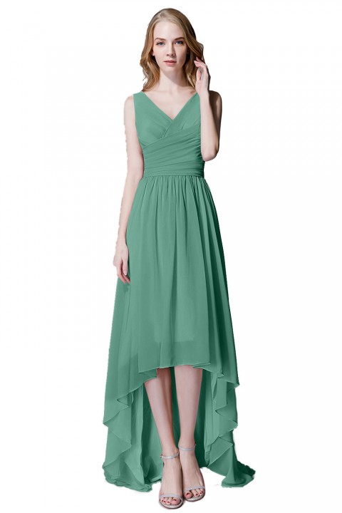 Romantic High-Low V-Neck Chiffon Ruched Bridesmaid Dress