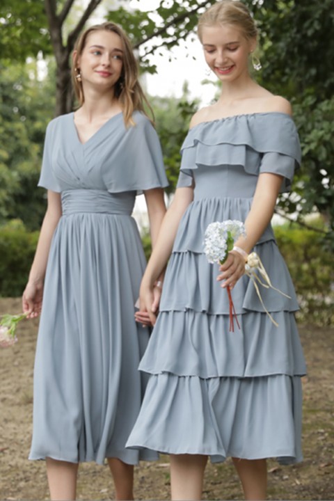 Off The Shoulder Layered Ruffles Chiffon Bridesmaid Dress with Corsage Back