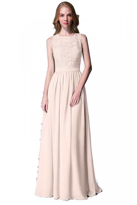 Lace Upper Bodice Illusion Scoop Neck Chiffon Bridesmaid Dress Sleeveless