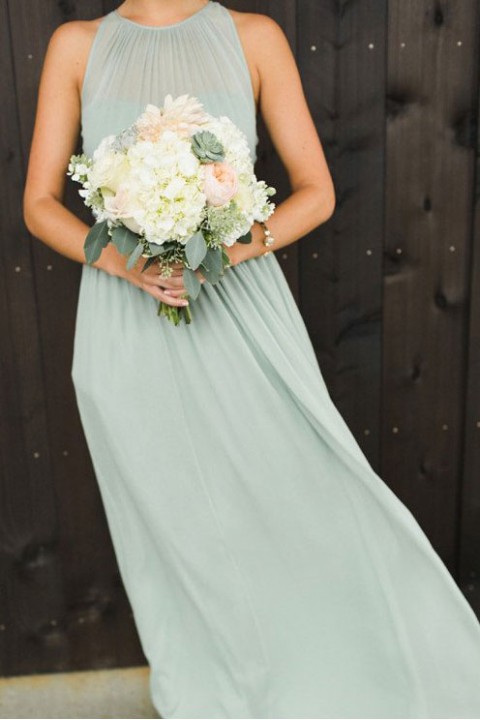 Clearance | Spaghetti Straps Illusion Halter Bridesmaid Dress with Sash