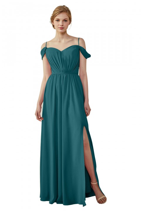 A-Line Cold Shoulder Spaghetti Straps Chiffon Bridesmaid Dress with Side Slit